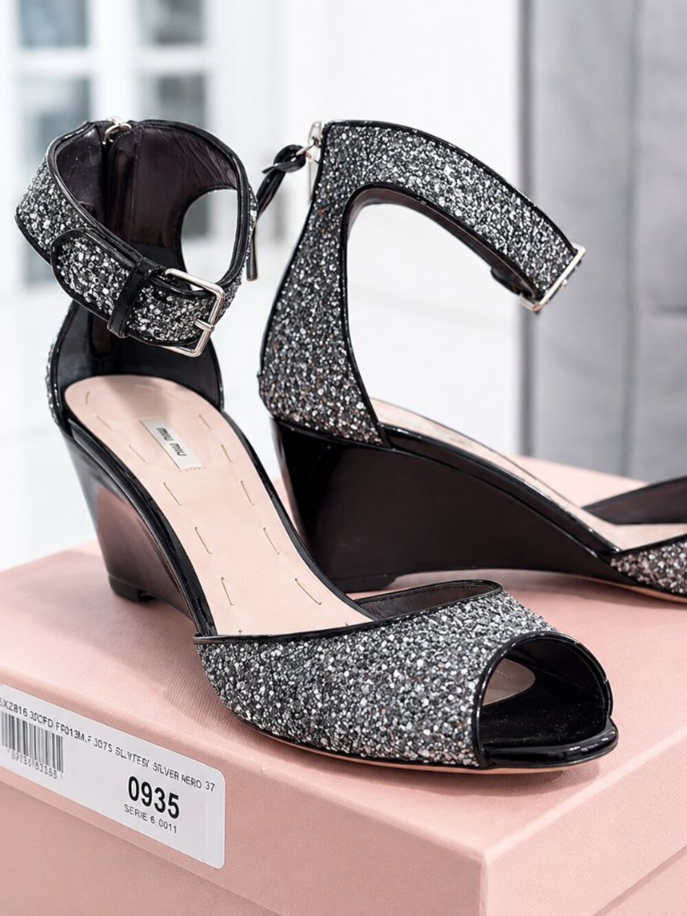 Miu Miu Glittery Silver and Black Wedges